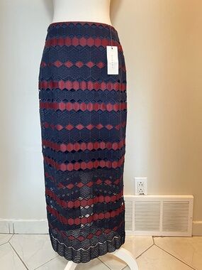 Sandro Navy and Burgundy Lace Chevron Maxi Skirt
